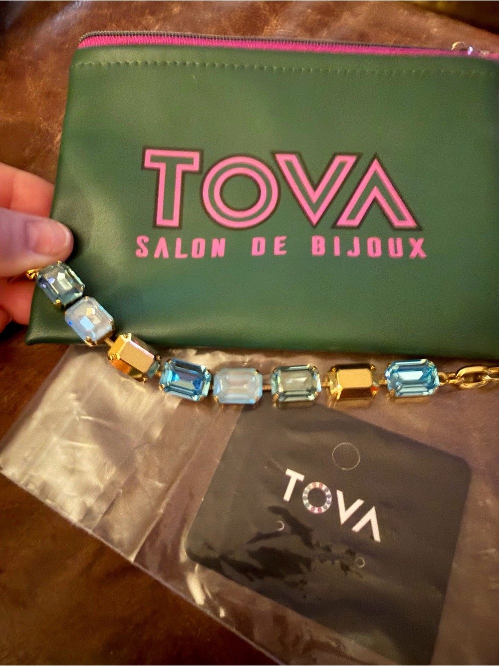 TOVA Gold rectangle Bracelet with Blue Crystal Gemstones